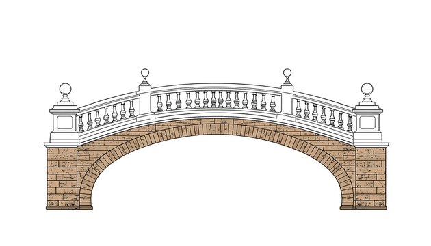 a curved arched bridge made of brown brick or stone, with white balustrade railing along the top and decorative posts at intervals, displayed on a transparent background, symbolizing structural engine