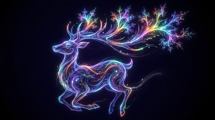 Fototapeta premium A vibrant, glowing deer runs through a multicolored, neon-lit forest landscape.