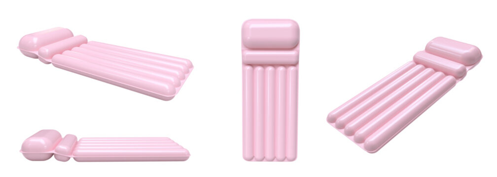 3d vector set of realistic rendered lilo water mattress. Inflatable pool mat in soft pastel pink. Floating mat shown from different angles and positions. Beach, pool, vacation accessory. Isolated.
