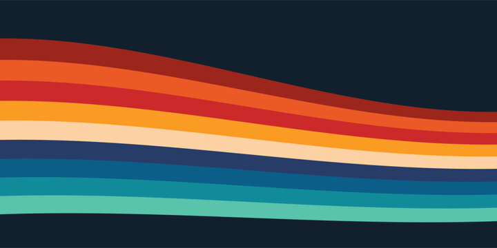 Abstract colorful 70s background vector. Vintage retro style wallpaper with lines, rainbow wavy stripes. 1970 color illustration design suitable for poster, banner, decorative, wall art.