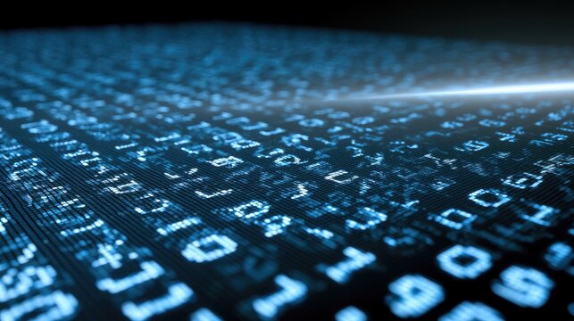 Abstract digital stream of blue glowing characters, numbers, and symbols
