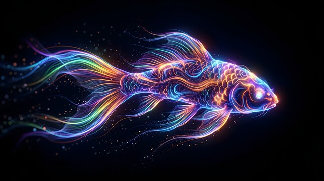 Vibrant neon-lit betta fish swims rightward with flowing fins and tail.