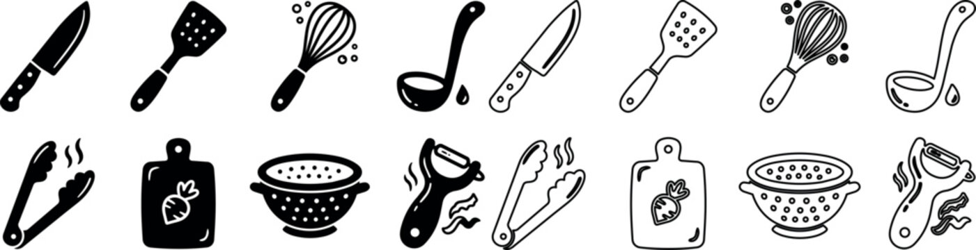 Kitchen utensil icons set including utensil, spatula, whisk, ladle, tongs, cutting board, colander, and peeler
