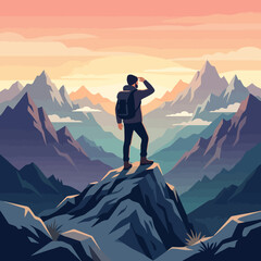 A lone hiker stands on a mountain peak at sunset time © dalai