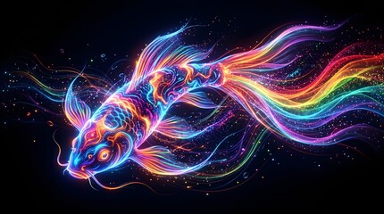 Fototapeta premium Vibrant rainbow-colored fish swims through a starry night environment with flowing fins and tail.