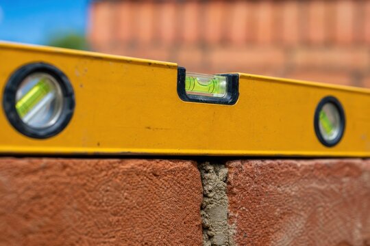 Yellow spirit level measuring alignment on red brick wall at outdoor construction site, representing precision and professional masonry work in bright daylight, close-up view.
