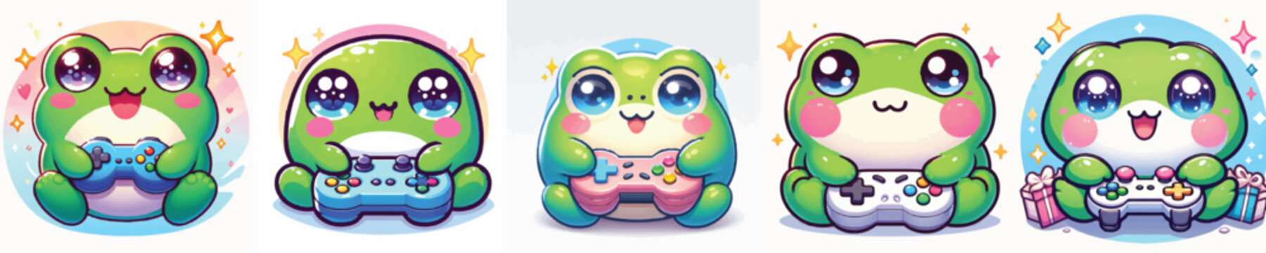 Vector of a cute cartoon frog character holding a game controller