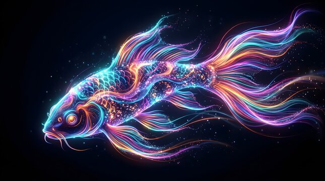 Vibrant neon-colored betta fish swims in dark water with flowing fins and tail.