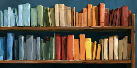 Obraz premium Two shelves of books arranged by color, from cool blues to warm reds