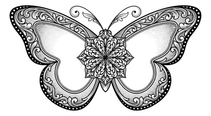 Ornate butterfly mandala vector illustration, decorative black and white insect silhouette, elegant floral filigree butterfly for coloring book © zahra