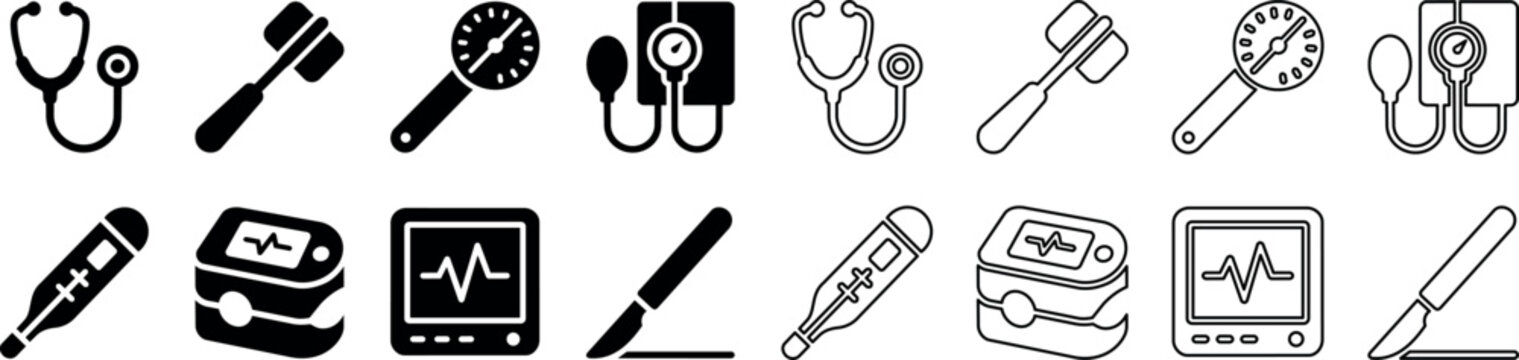 Set of medical equipment icons including stethoscope, reflex hammer, pressure monitor, thermometer, pulse oximeter, heart rate monitor, and scalpel