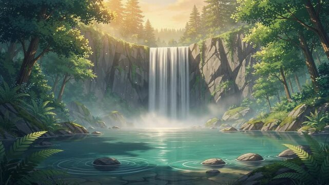 Majestic Waterfall Cascading into Serene Pool Surrounded by Lush Greenery, Rocks, and Sunlight in Tranquil Forest Scene
