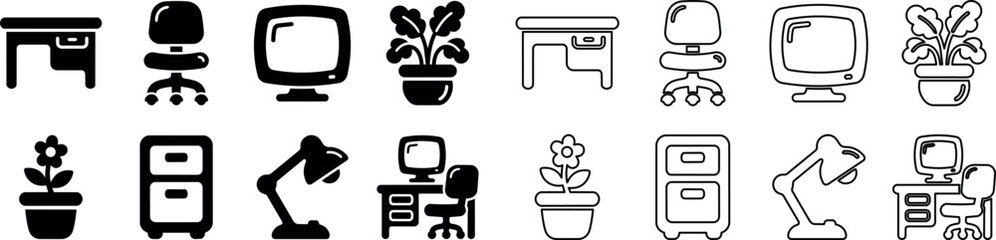 Naklejka premium Set of office furniture and equipment icons including desk, chair, monitor, lamp, filing cabinet, and potted plant
