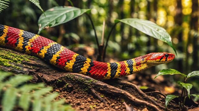 Vibrant Coral Snake Slithers on Mossy Log in Lush Jungle
