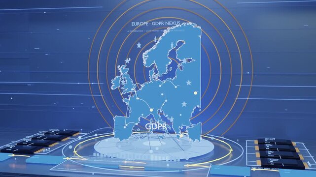 Console activating, rising holographic Europe map pulsing rings, linking nodes, showing GDPR