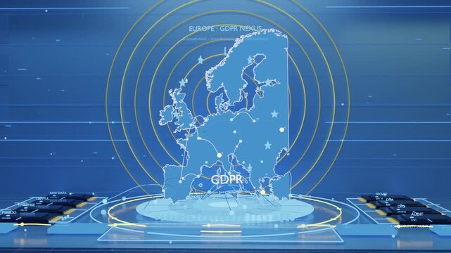 Animating hologram Europe map rising above base powering up, rings pulsing, arcs linking GDPR nodes