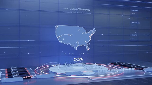 Animating tiled wall with nodes forming, radar hub sending arcs showing CCPA links in control room