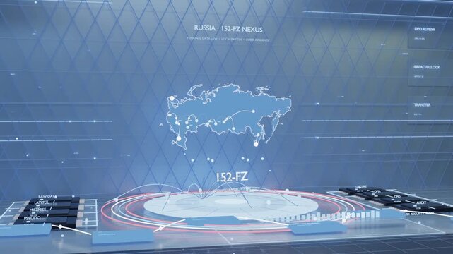Launching holographic map of Russia above ringed platform, displaying nodes and 152-FZ telemetry