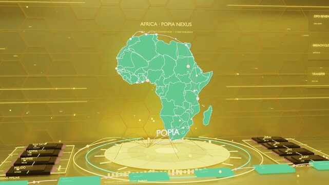 System init starting, brightening turquoise map Africa showing POPIA label and dots, rings pulsing