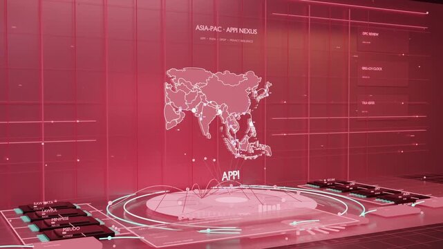 Animating holographic APAC map and circular HUD in control hub, APPI showing nodes for data sweep