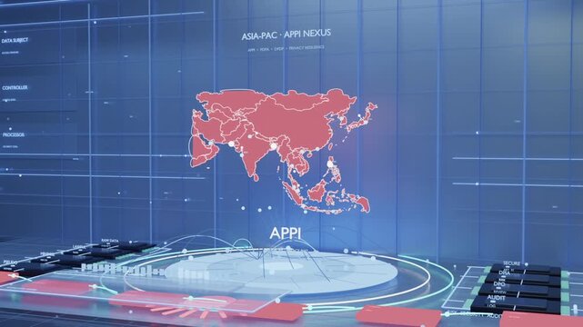 Powering hologram platform at control wall, red marker expanding into APAC map, showing APPI label