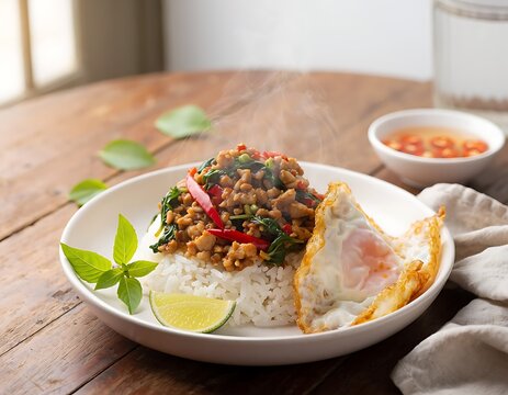 Thai Holy Basil Stir Fry with Fried Egg and Jasmine Rice.