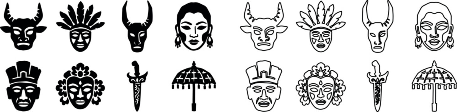 Set of thirteen black and white tribal-style masks, faces, dagger, and ceremonial umbrella icons