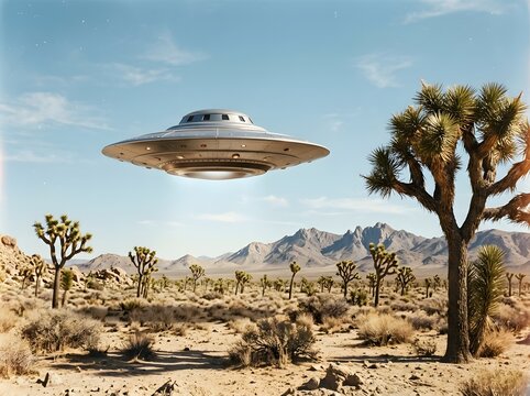 Ufo over desert landscape with joshua trees