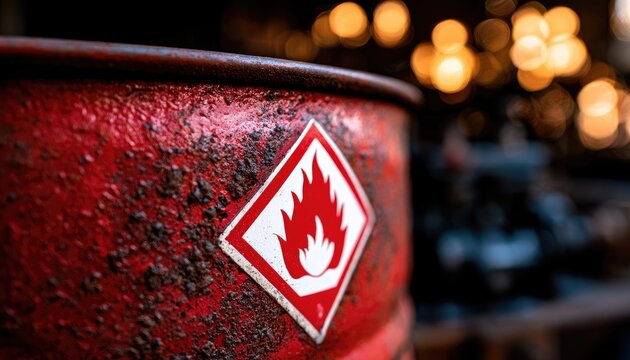Close-up of a rusty red barrel with a white flammable symbol