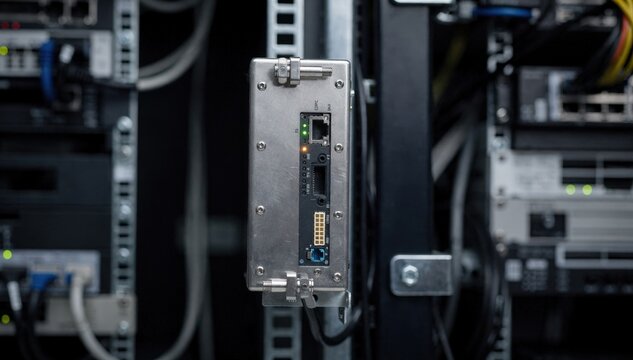 Medium shot highlighting a hardwarebased encryption device mounted in a secure rack sharp detail on key storage with blurred networking cables and equipment enveloping it.