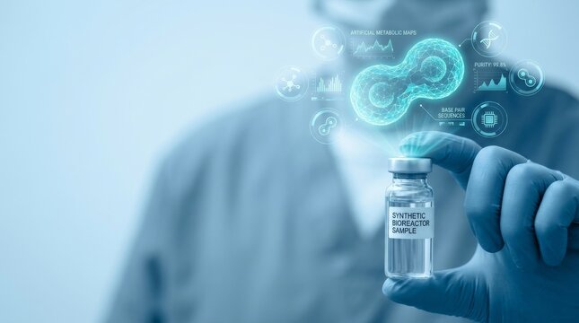Futuristic medical scientist holding a sample vial with glowing holographic cell division and data graphs for biotechnology research and healthcare innovation concept.