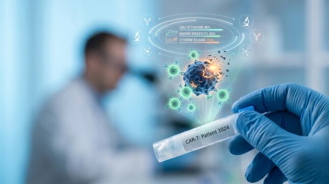 Scientist working at microscope in laboratory, hand in glove holding test tube with futuristic virus hologram and medical data interface.