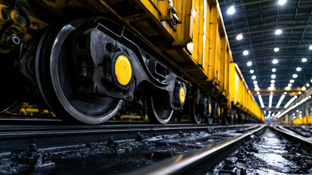 Yellow train car wheels on track in industrial building