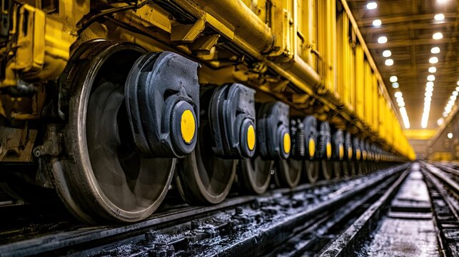 Rows of heavy yellow train wheels on industrial tracks in dim light