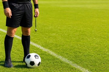 Fototapeta premium Soccer referee standing on green grass field next to football, holding whistle before match kickoff, professional sport concept