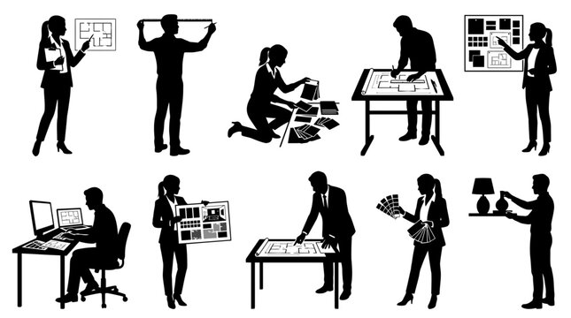 Architect and Interior Designer Silhouette Collection Featuring Professional Planning and Design Process Poses