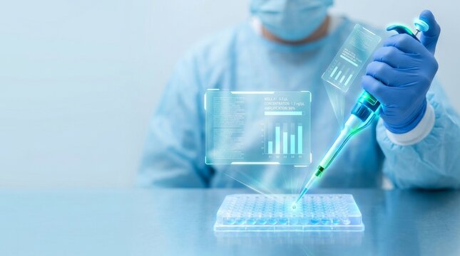 Scientist in blue gloves using a micropipette on a microplate with a glowing holographic data analysis dashboard. Futuristic laboratory concept for gene sequencing, pharmaceutical R&D, clinical testin