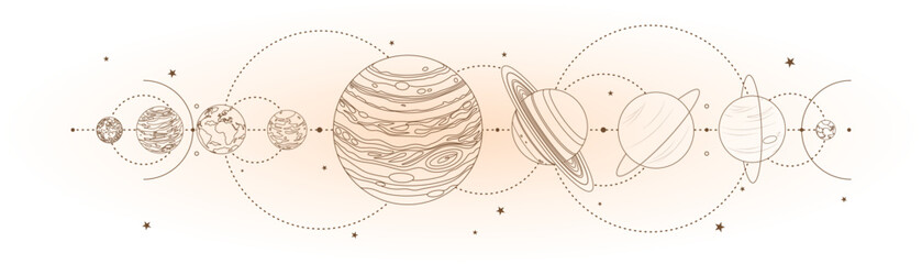 Vintage Solar System vector illustration with orbiting planets © Julia Bilevych