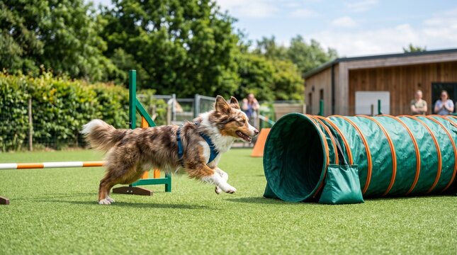 Dog jumping through agility tunnel on sunny day at training facility  