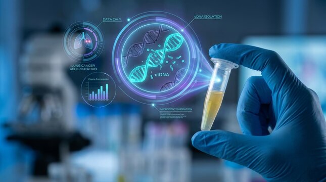 Futuristic biotechnology and genetic research concept with a scientist holding a vial, featuring holographic DNA helix, lung organ structure, and medical data interface in a lab background.