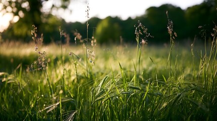 Obraz premium Lush sunlit hay meadow bathed in serene evening light creates a tranquil and pastoral outdoor landscape