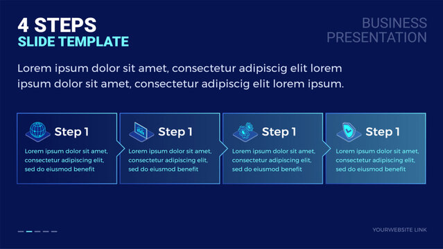Business technology 4 steps process workflow presentation slide template - dark blue corporate roadmap infographic with isometric icons - vector