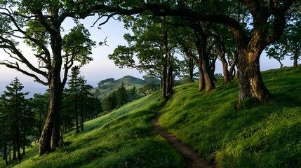 Fototapeta premium A picturesque verdant hilltop route leads through ancient trees during the tranquil early morning