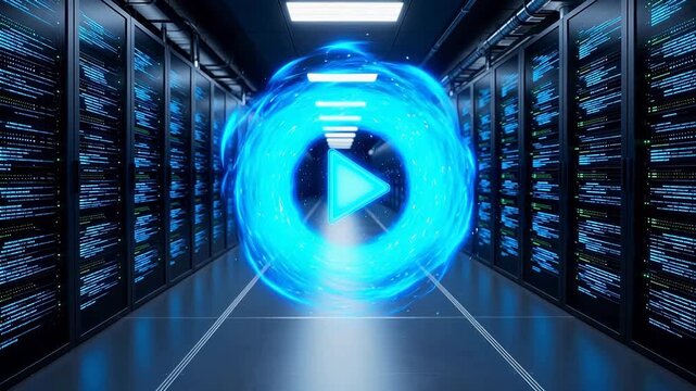 server room with glowing play icon