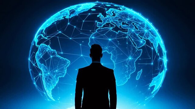 Silhouette of man facing globe with network connections