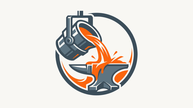 Industrial foundry logo with molten metal pouring on anvil.
