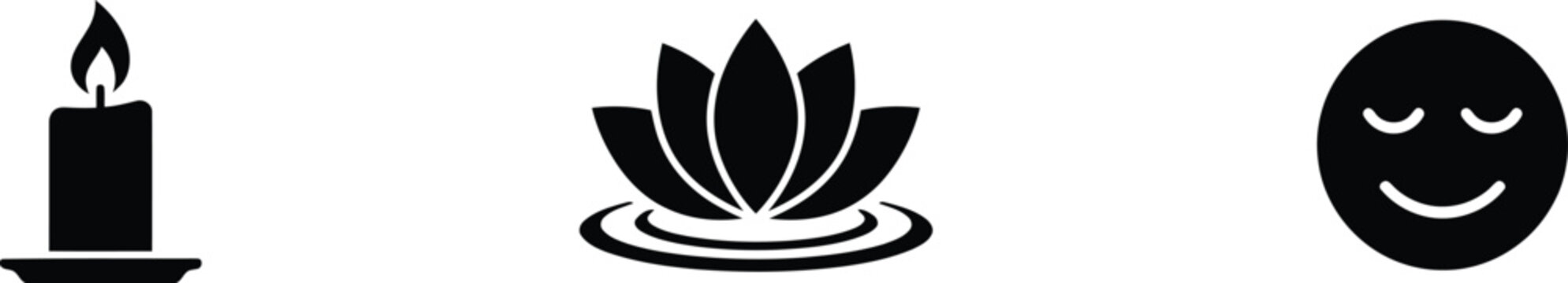 Black icons of candle, lotus flower and smiley face