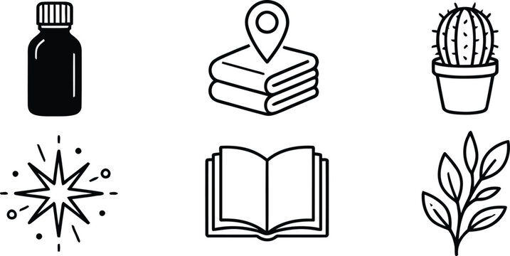 Black line icons of bottle, books, cactus and plants