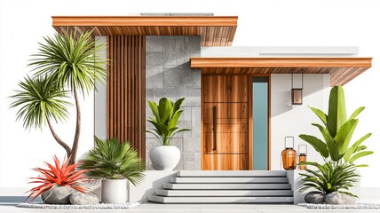 Fototapeta premium Luxury Resort Villa Entrance Isolated on White Background