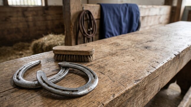 Horseshoes and grooming brush on wooden table in barn setting  